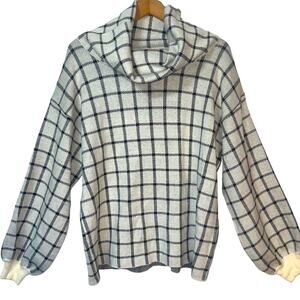 Rain & Rose Cowl Neck Windowpane Checkered Balloon Sleeve Gray White Sweater. L